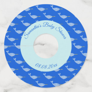 Cute Blue Baby Boy Narwhal Baby Shower Custom Wine Glass Tag