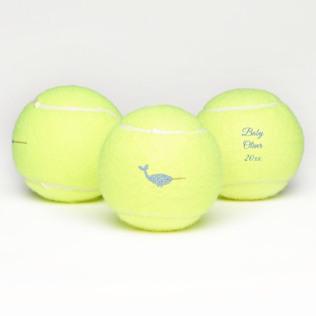 Cute Blue Baby Boy Narwhal Custom Baby Name Tennis Balls (Multi)