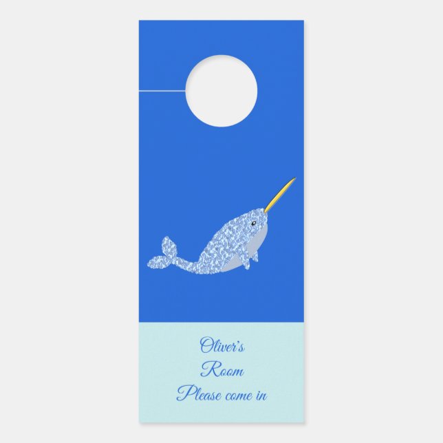 Cute Blue Baby Boy Narwhal Custom Name Nursery Door Hanger (Front)