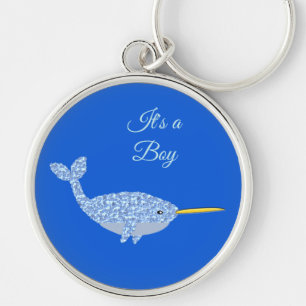 Cute Blue Baby Boy Narwhal Gender Reveal Custom Key Ring