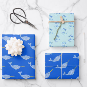 Cute Blue Baby Boy Narwhal Gender Reveal Wrapping Paper Sheet