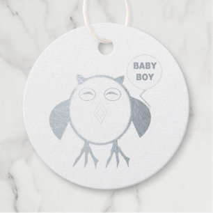 Cute Blue Baby Boy Owl Custom Baby Shower Foil Favour Tags