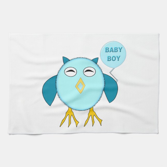 Cute Blue Baby Boy Owl Kitchen Towel (Horizontal)