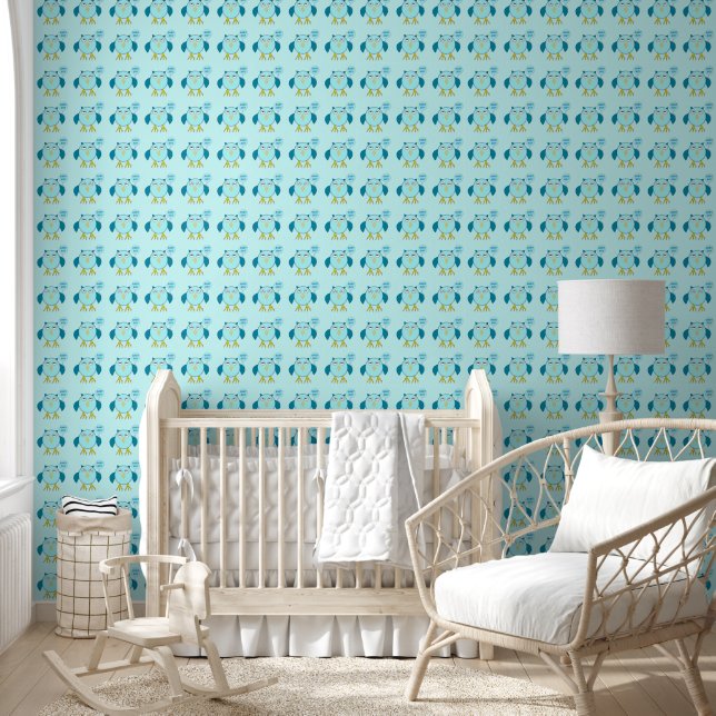 Cute Blue Baby Boy Owl Patterned Wallpaper (Kids)