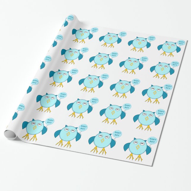 Cute Blue Baby Boy Owl Wrapping Paper (Unrolled)