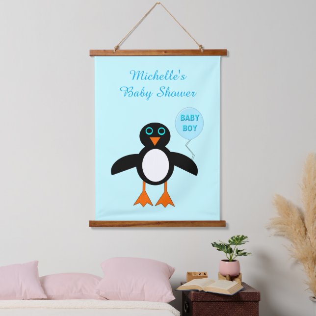 Cute Blue Baby Boy Penguin Baby Shower Custom Hanging Tapestry (Bedroom)
