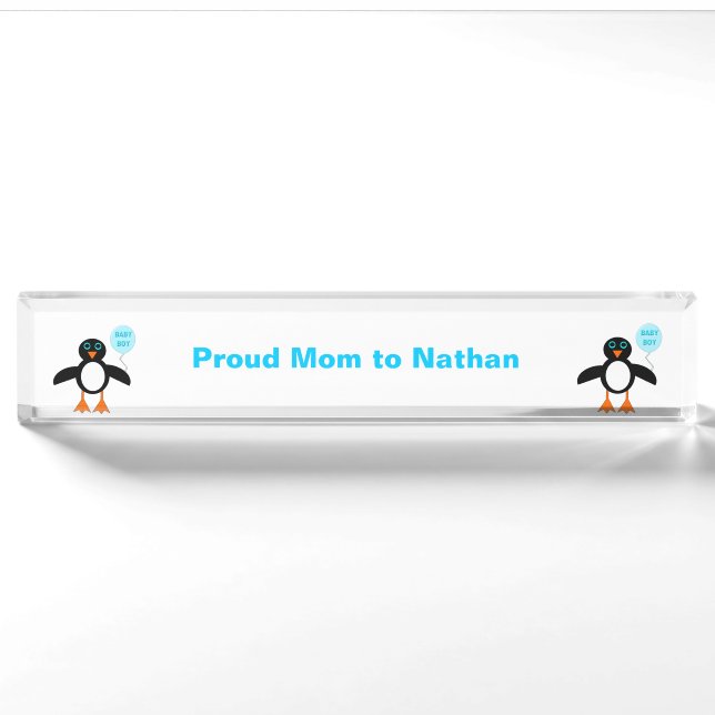 Cute Blue Baby Boy Penguin Custom Desk Nameplate (Front)