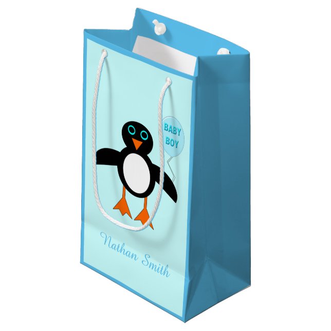 Cute Blue Baby Boy Penguin Custom Gift Bag (Front Angled)