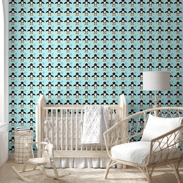Cute Blue Baby Boy Penguin Patterned Wallpaper (Kids)