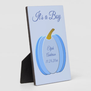 Cute Blue Baby Boy Pumpkin Birth Announcement Plaque