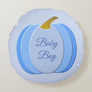 Cute Blue Baby Boy Pumpkin Birth Announcement Round Cushion