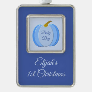Cute Blue Baby Boy Pumpkin Custom 1st Christmas Silver Plated Framed Ornament