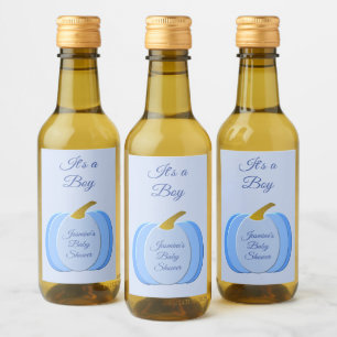 Cute Blue Baby Boy Pumpkin Custom Baby Shower Wine Label