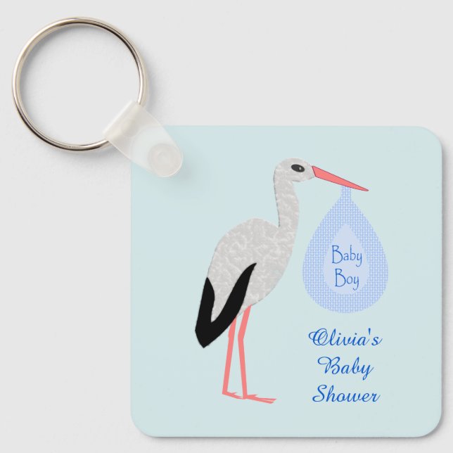 Cute Blue Baby Boy Stork Baby Shower Keychain (Front)