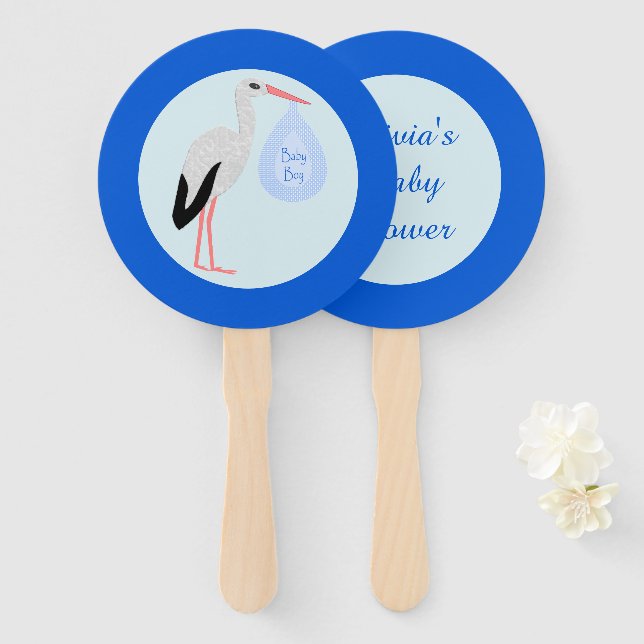 Cute Blue Baby Boy Stork Custom Baby Shower Hand Fan (Front and Back)