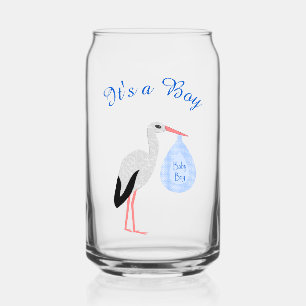 Cute Blue Baby Boy Stork Custom Can Glass