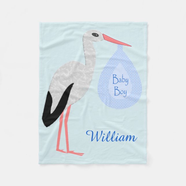 Cute Blue Baby Boy Stork Custom Fleece Blanket (Front)