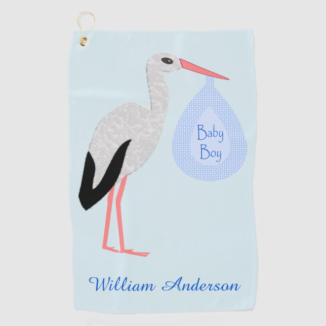 Cute Blue Baby Boy Stork Custom Golf Towel (Front)