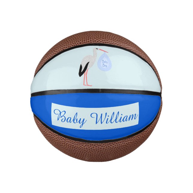 Cute Blue Baby Boy Stork Custom Mini Basketball (Front)