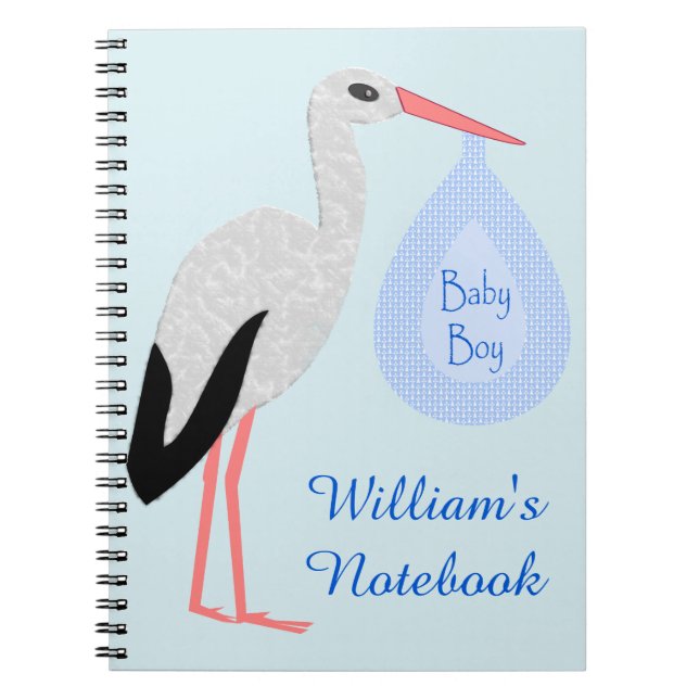 Cute Blue Baby Boy Stork Custom Notebook (Front)