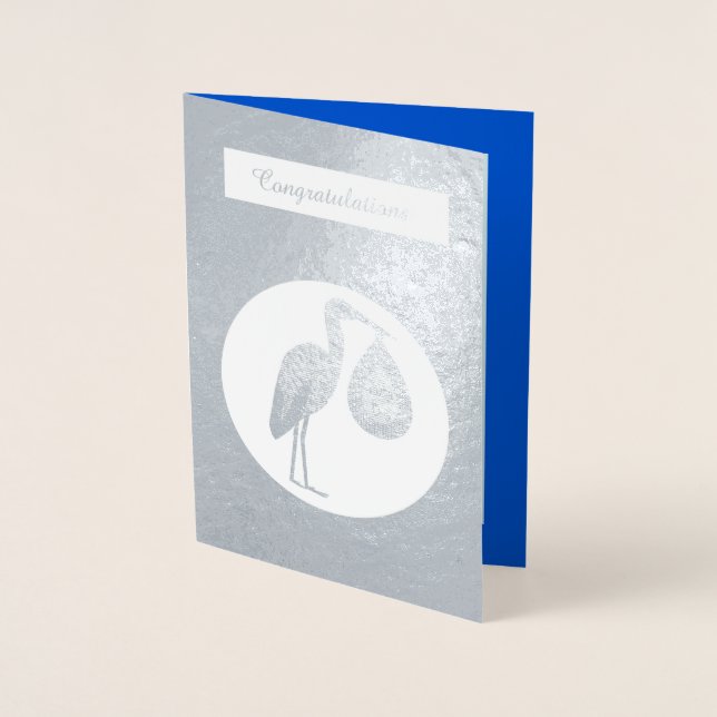 Cute Blue Baby Boy Stork Foil Card (Front)