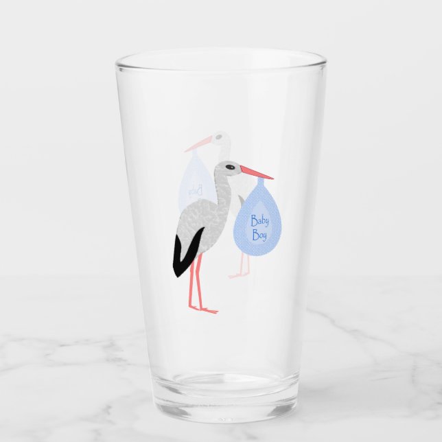 Cute Blue Baby Boy Stork Glass (Front)