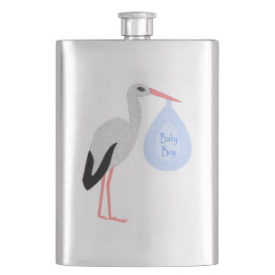 Cute Blue Baby Boy Stork Hip Flask