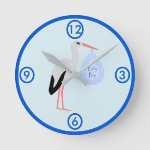 Cute Blue Baby Boy Stork Nursery Round Clock