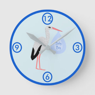 Cute Blue Baby Boy Stork Nursery Round Clock