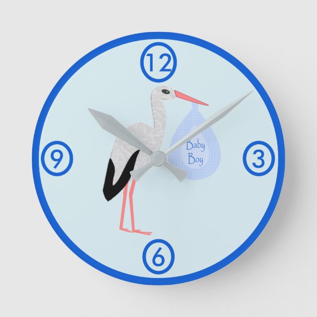 Cute Blue Baby Boy Stork Nursery Round Clock (Front)
