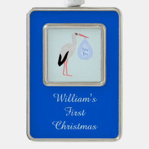 Cute Blue Baby Boy Stork Stork First Christmas Silver Plated Framed Ornament