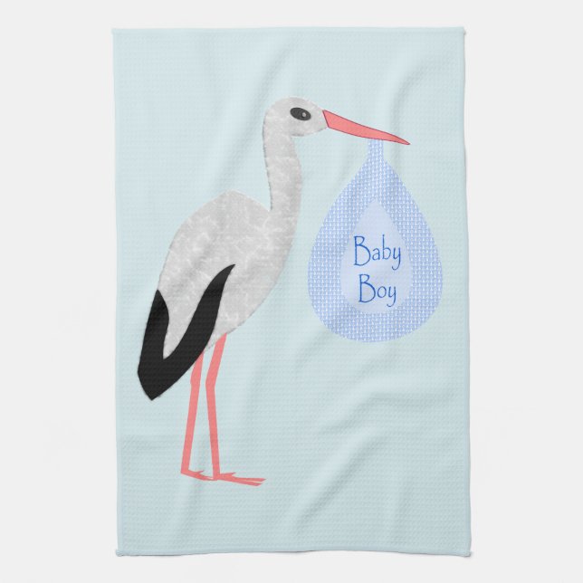 Cute Blue Baby Boy Stork Tea Towel (Vertical)