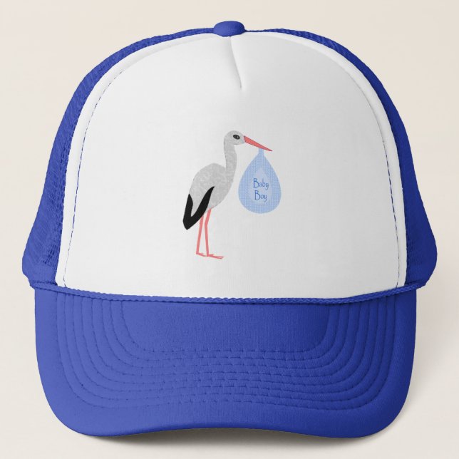 Cute Blue Baby Boy Stork Trucker Hat (Front)