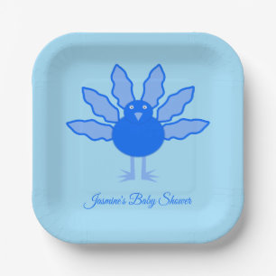 Cute Blue Baby Boy Thanksgiving Turkey Baby Shower Paper Plate