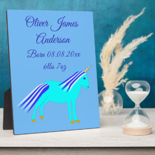 Cute Blue Baby Boy Unicorn Birth Announcement Plaque