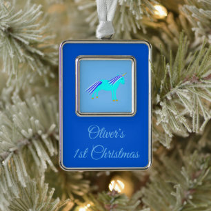 Cute Blue Baby Boy Unicorn Custom 1st Christmas Silver Plated Framed Ornament