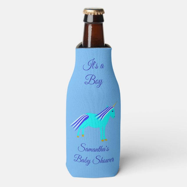 Cute Blue Baby Boy Unicorn Custom Baby Shower Bott Bottle Cooler (Bottle Front)