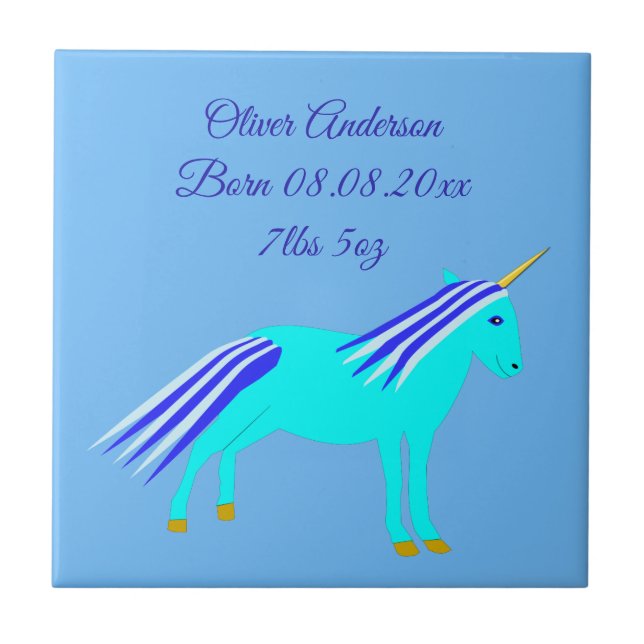 Cute Blue Baby Boy Unicorn Custom Birth Tile (Front)