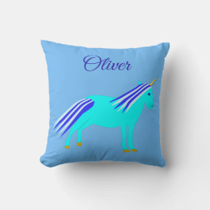 Cute Blue Baby Boy Unicorn Custom Name Cushion