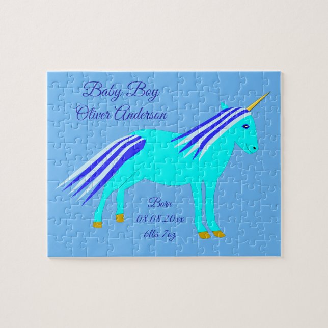 Cute Blue Baby Boy Unicorn Custom New Baby Jigsaw Puzzle (Horizontal)