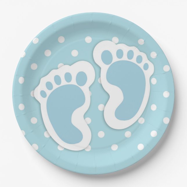 Cute Blue Baby Boy's Feet Illustration Paper Plate (Front)