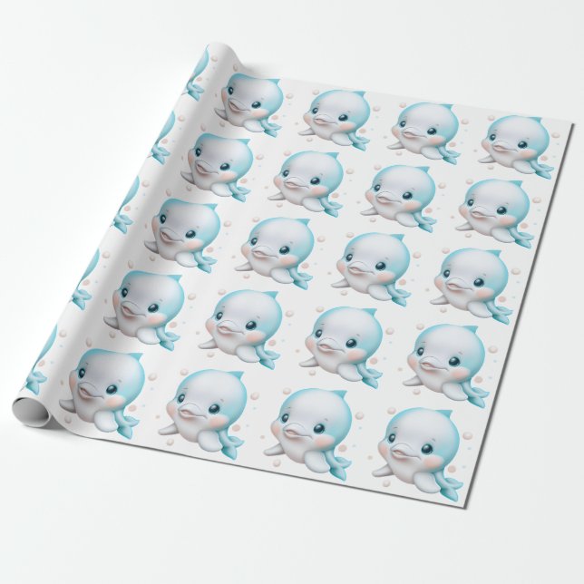 Cute Blue Baby Dolphin    Wrapping Paper (Unrolled)