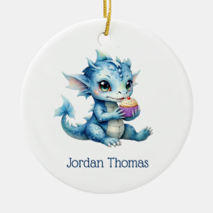 Cute Blue Baby Dragon Eating a Cupcake Ceramic Tree Decoration