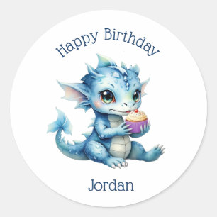Cute Blue Baby Dragon Eating a Cupcake Classic Round Sticker