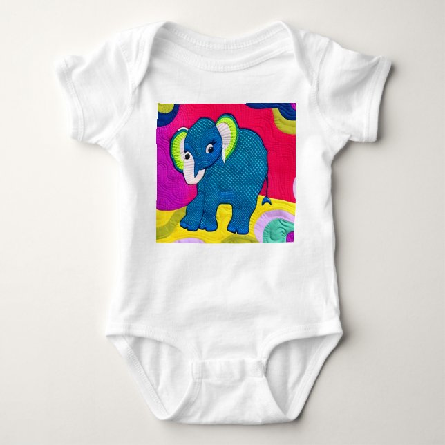 Cute Blue Baby Elephant - Quilt Like Design Baby Bodysuit (Front)