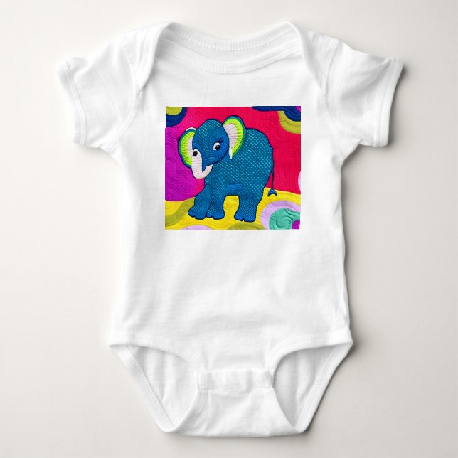 Cute Blue Baby Elephant - Quilt Like Design Bodysuit (Front)