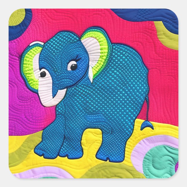 Cute Blue Baby Elephant - Quilt Like Design Square Sticker (Front)