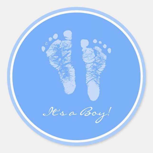 Cute Blue Baby Footprints Its a Boy Baby Shower Classic Round Sticker (Front)