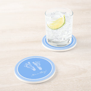 Cute Blue Baby Footprints Its a Boy Baby Shower Coaster