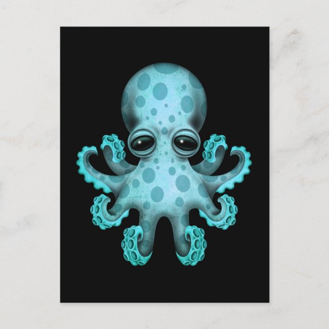 Cute Blue Baby Octopus on Black Postcard (Front)